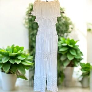 White Off-Shoulder front pockets lace accents pant suit large